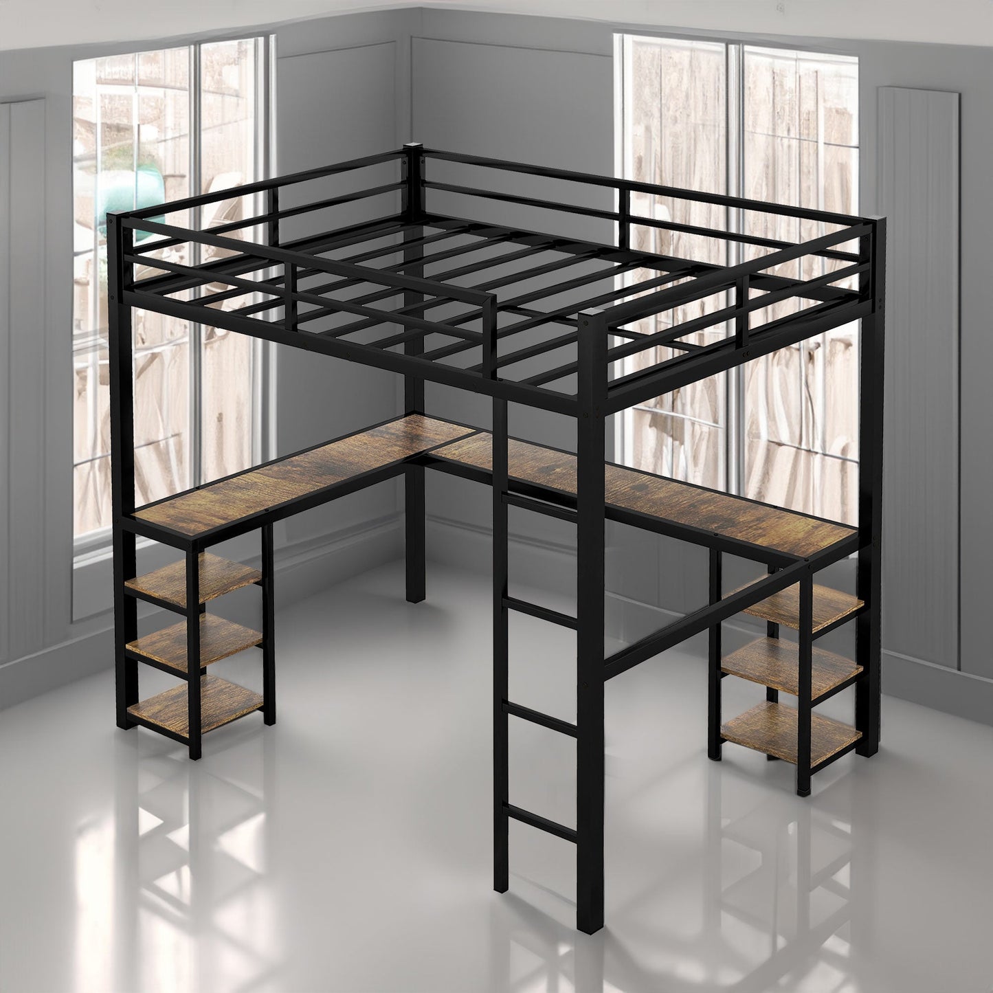 Full metal loft bed with desk and shelf, loft bed with ladder and guardrail, bedroom loft bed frame, black - Korvel