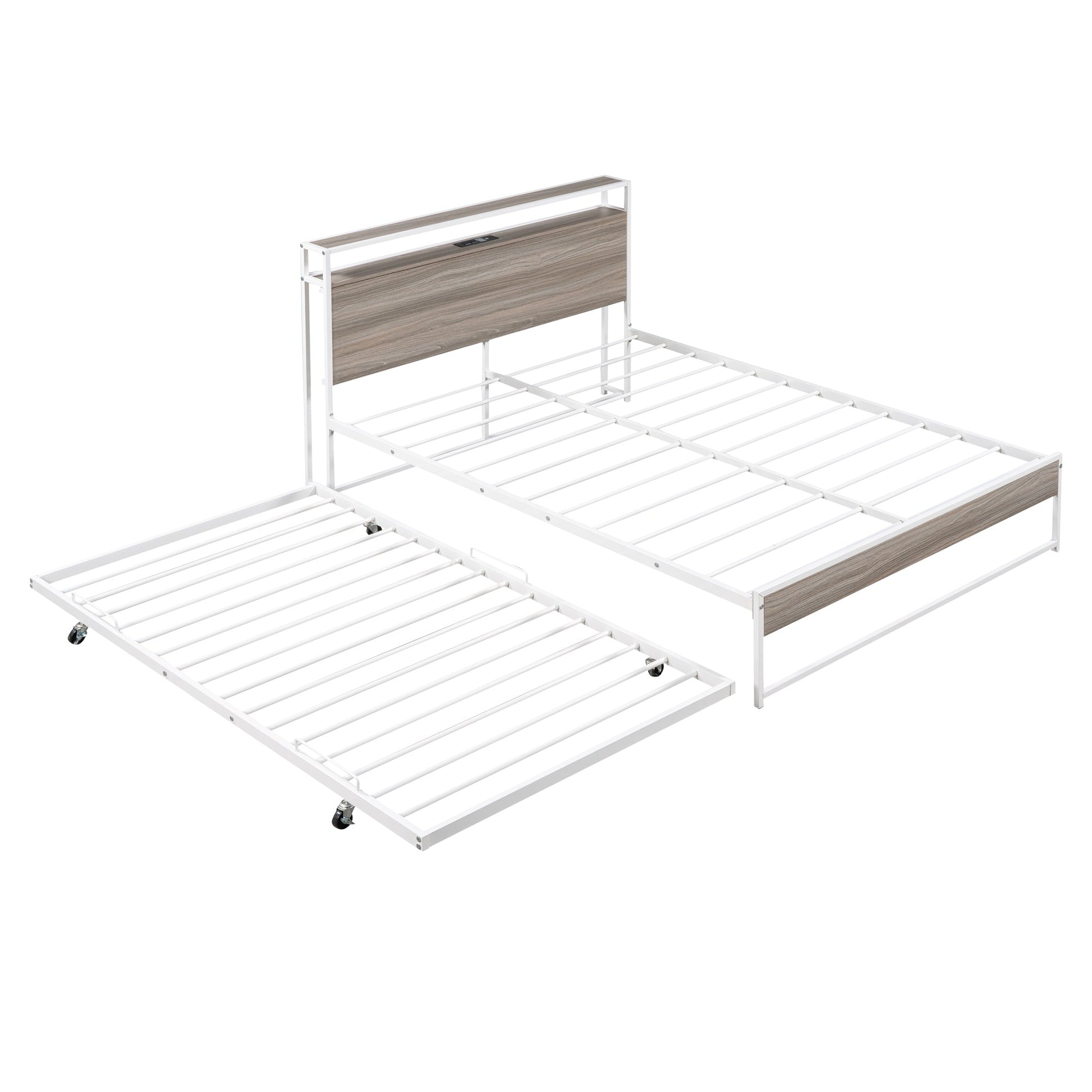 Full Size Metal Platform Bed Frame with Trundle, USB Ports and Slat Support No Box Spring Needed White - Korvel