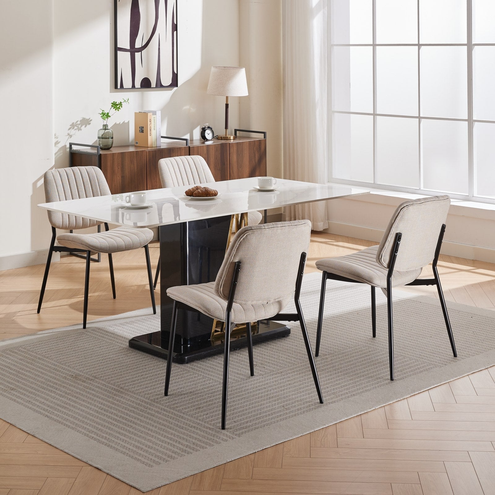 2-piece retro linen chair set with curved wooden backrest, cushioned seat, adjustable metal legs, (Beige Linen) - Korvel