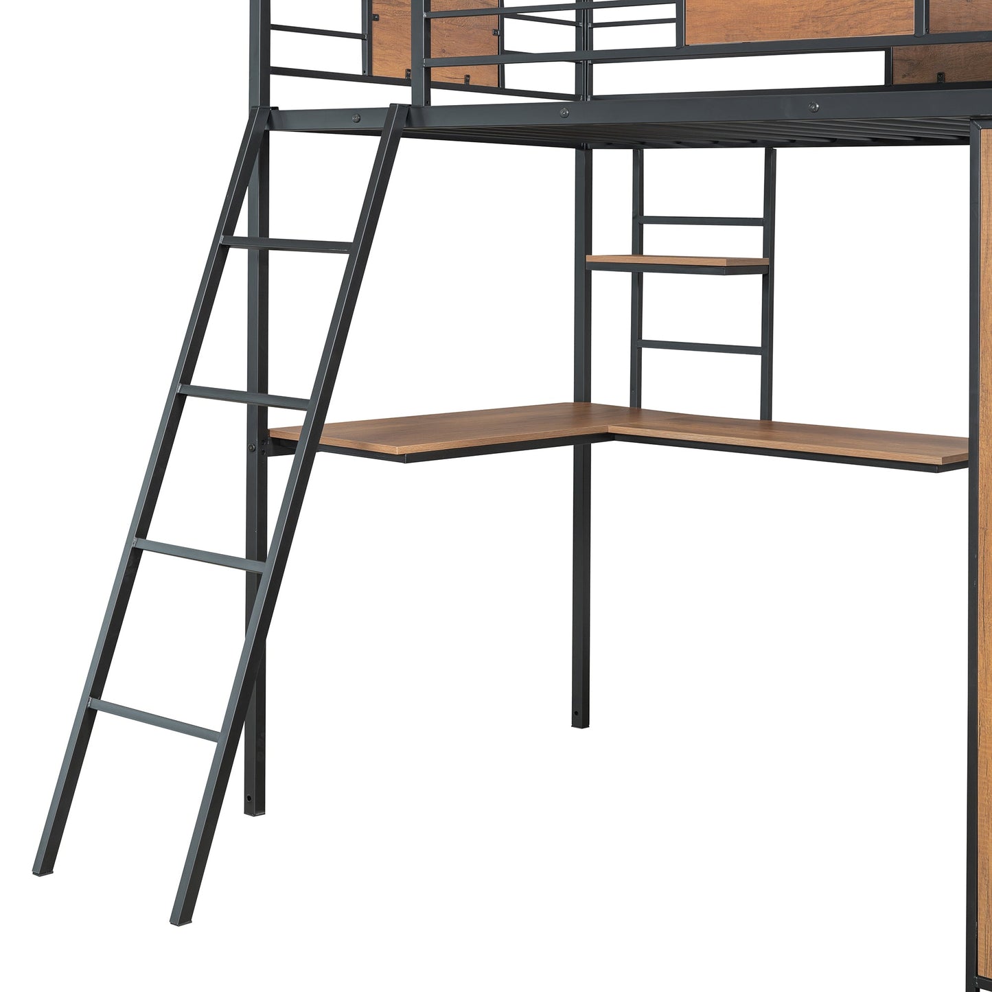 Twin Size Loft bed with L-shape Desk and Wardrobe, Black - Korvel