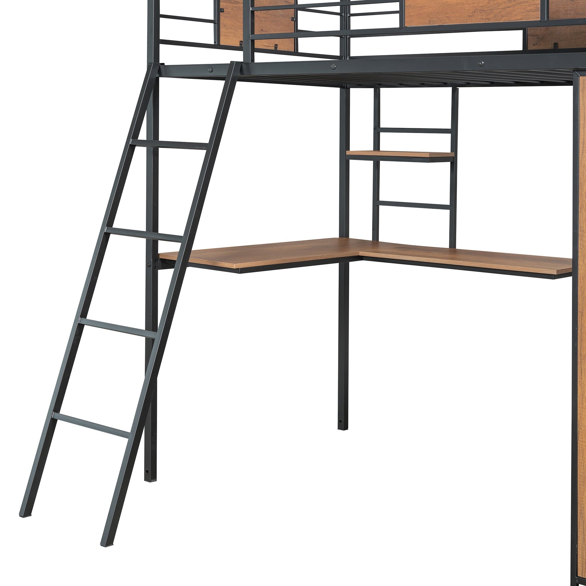 Twin Size Loft bed with L-shape Desk and Wardrobe, Black - Korvel