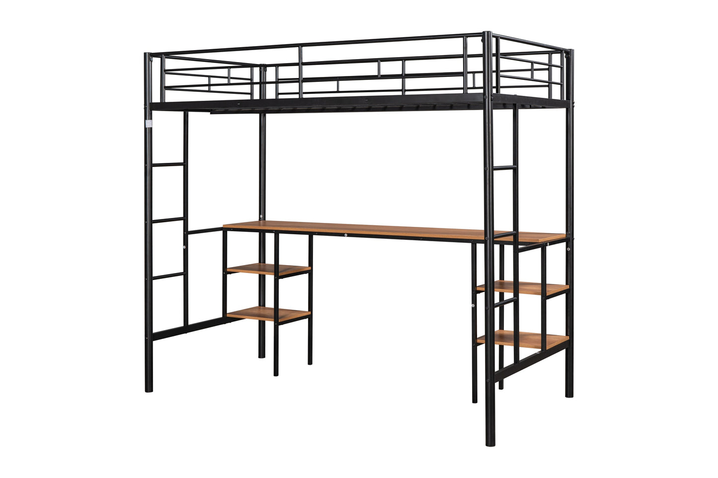 Twin loft bed with table and shelf/Heavy duty sturdy metal/Built in table and shelf/Noise reduction/Safety fence - Korvel