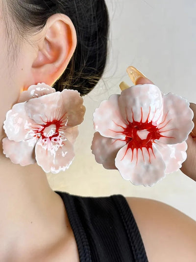 Metal Pink Drops Glaze Enamel Flower Earrings for Women Girl European and American Personality Exaggerated Romantic Jewelry Gift - Korvel