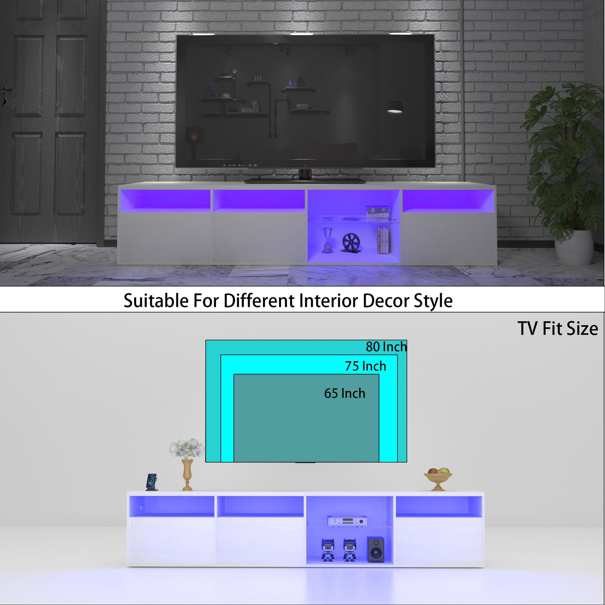 TV console with storage cabinet, 82.6-inch long LED TV stand with 31 mode switching lights (white, suitable for 75/80 inch TVs) - Korvel