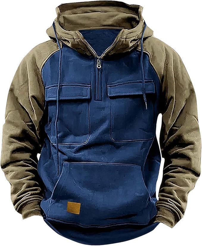 Men's Retro Cargo Hoodie with Half Zipper and Pockets