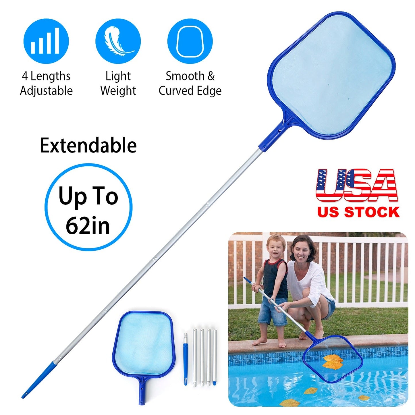 Skimmer de piscina telescópico premium con red de malla fina