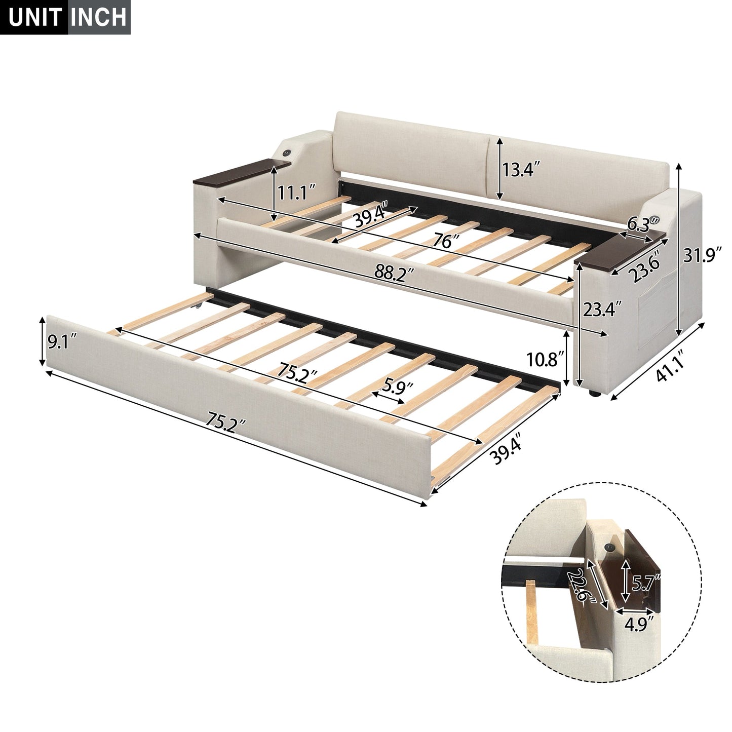 Twin Size Upholstery Daybed with Storage Arms and USB - Beige