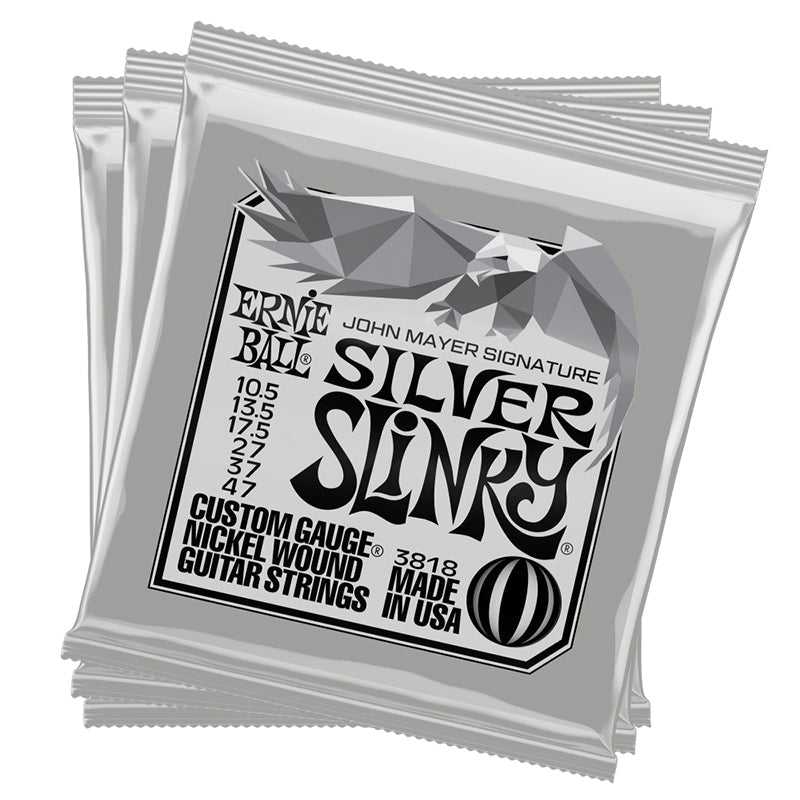 Ernie Ball John Mayer Silver Slinky Nickel Wound Electric Guitar Strings 3-Pack Tin - 10.5-47 Gauge - Korvel