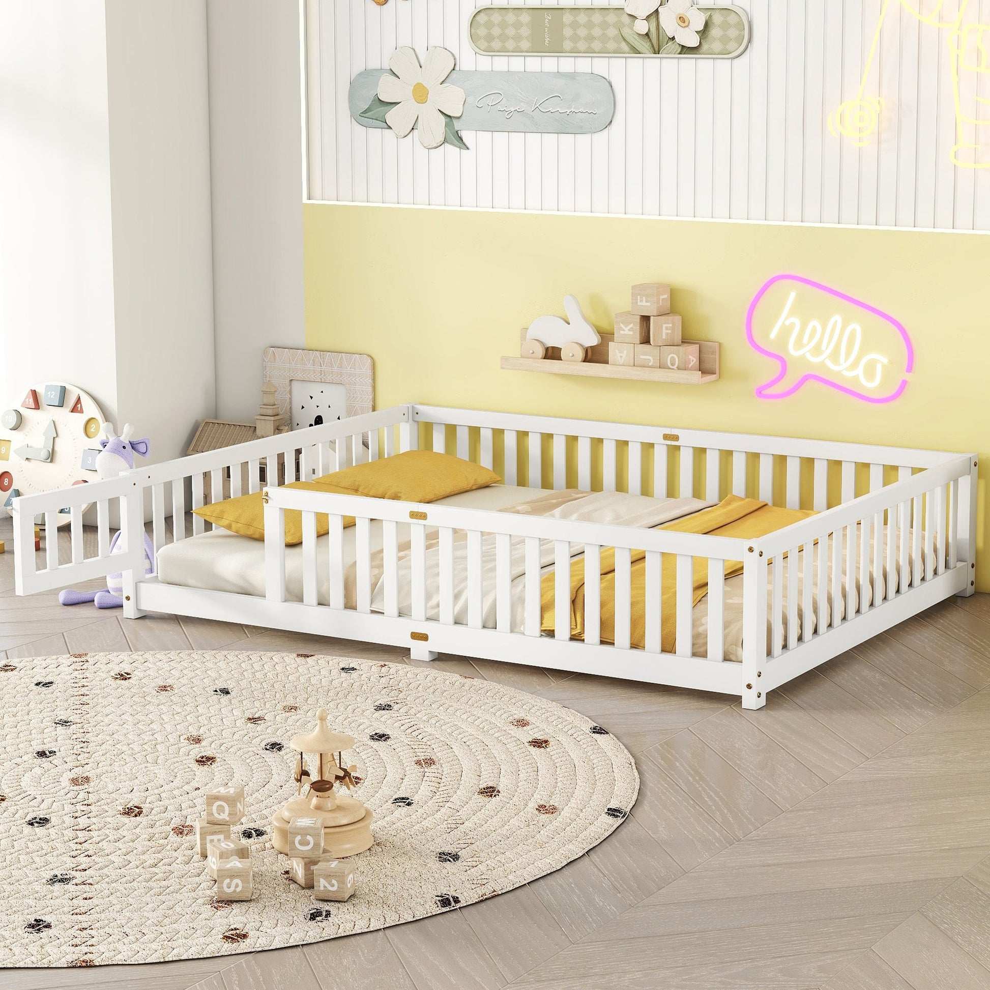 Queen Size Bed Floor Bed with Safety Guardrails and Door for Kids, White - Korvel