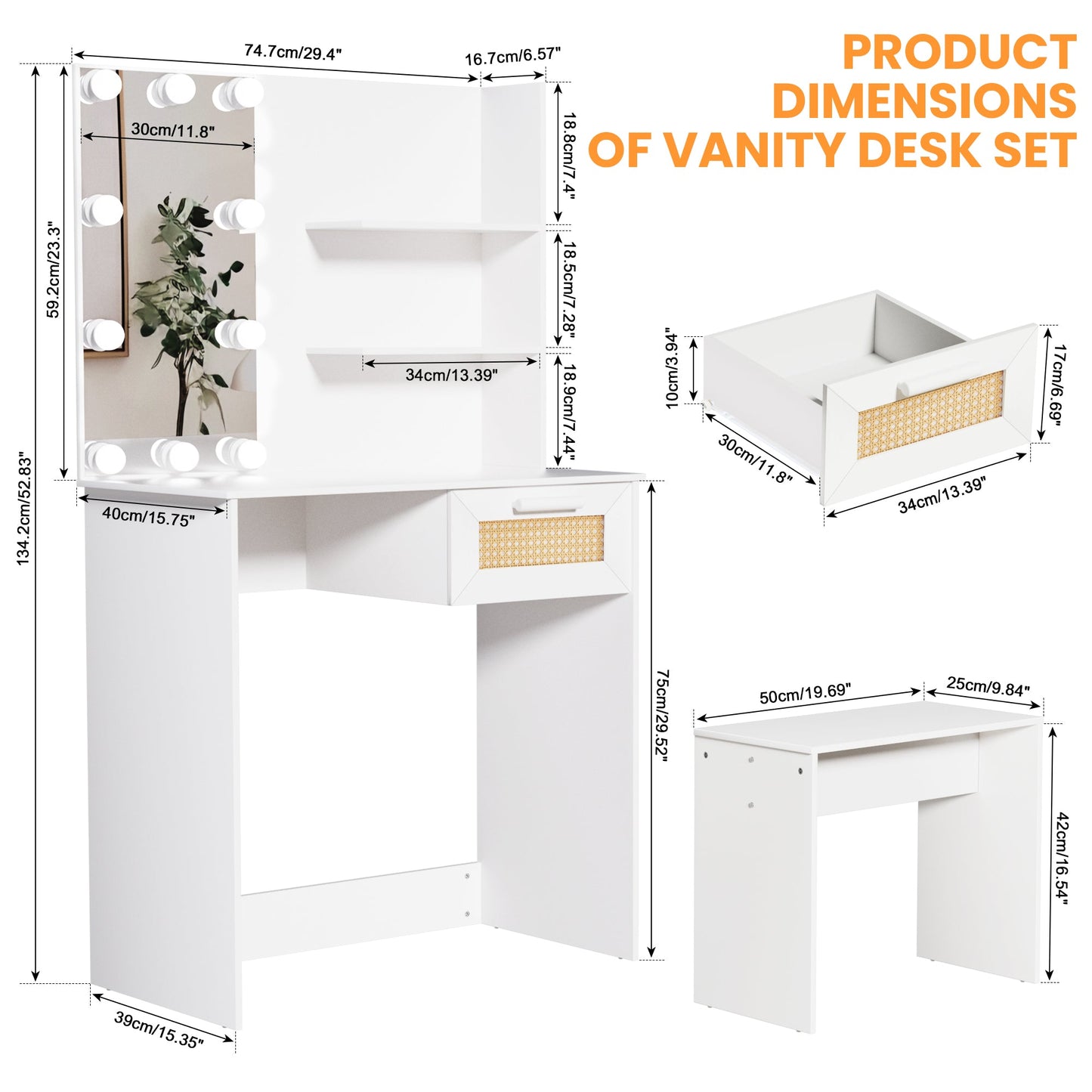 Vanity Desk Set Stool & Dressing Table with LED Lighting Mirror Drawer and Wood Cosmetic Table Chest of Drawers White Color - Korvel