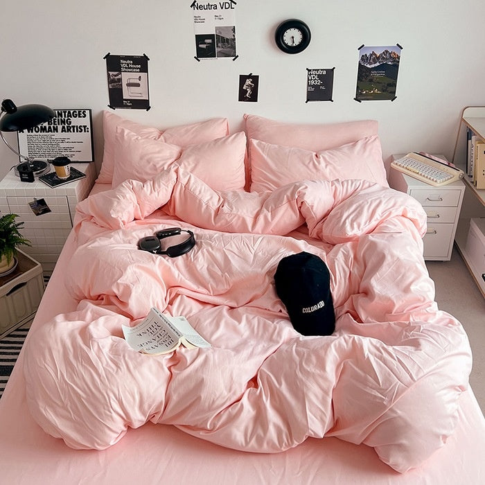 Washed Cotton Solid Color Double Spliced Four-Piece Bedding Set - Sheet, Quilt Cover, Pillowcases for Employee and Dormitory Use - Korvel