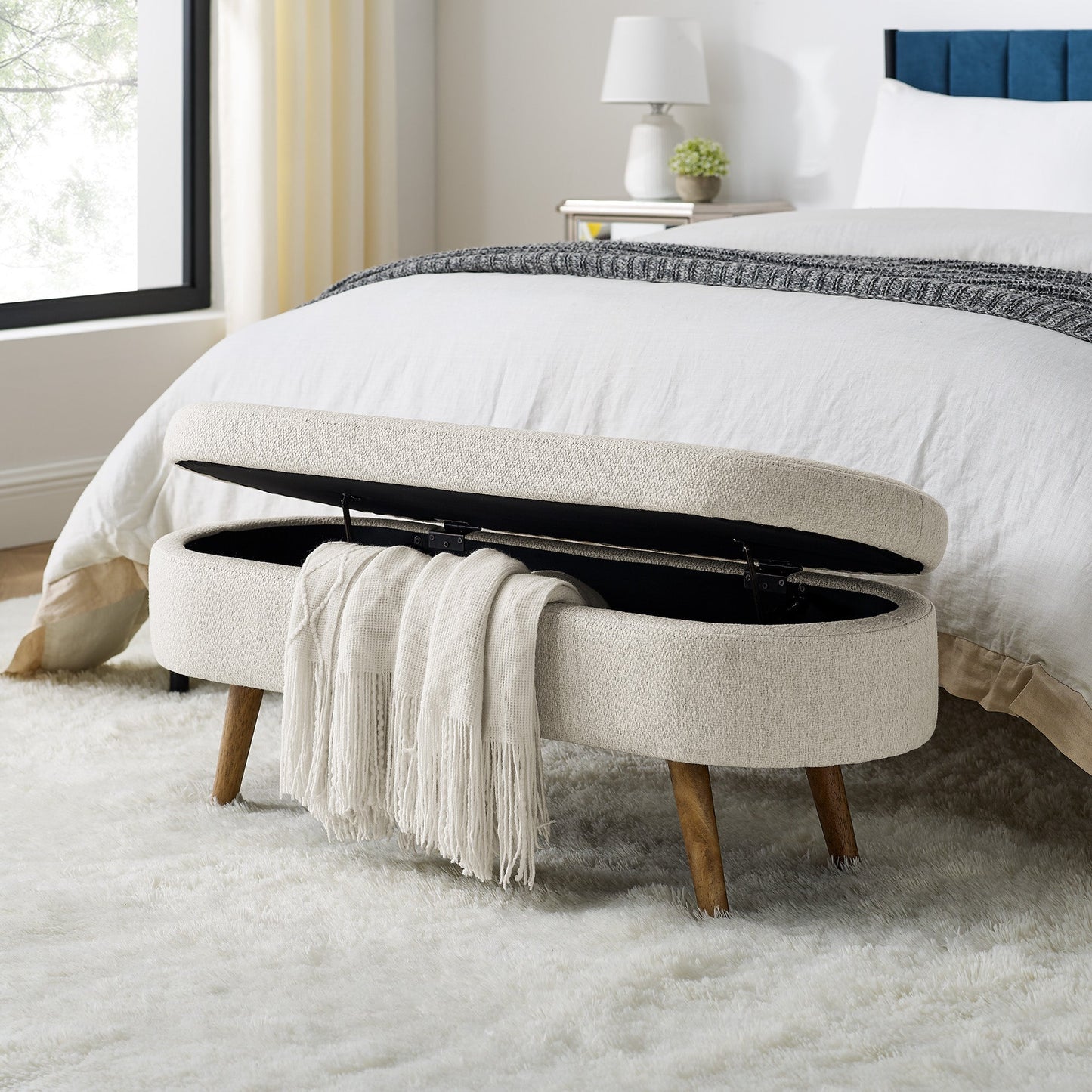 Ottoman Oval Storage Bench Rubber Wood Legs Beige(43.5"x16"x16") - Korvel