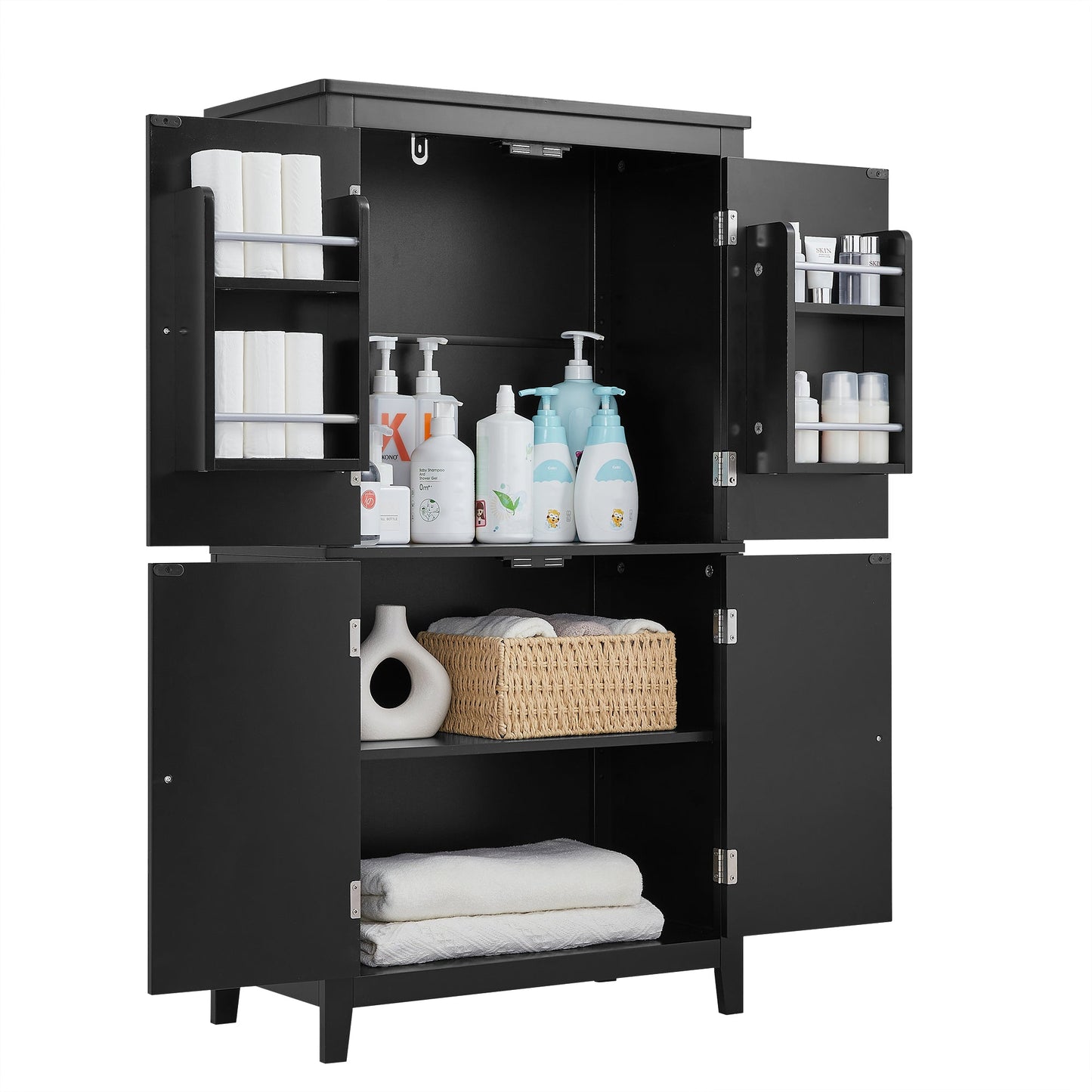 Elegant Black Bathroom Floor Storage Cabinet with Adjustable Shelves