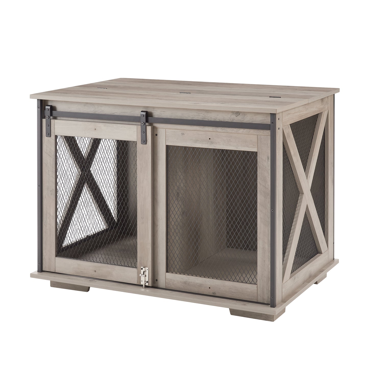 Farmhouse Dog Cage Crate Furniture with Sliding Barn Door, Farmhouse Wooden Dog Kennel End Table with Flip-top Plate Dog House - Korvel