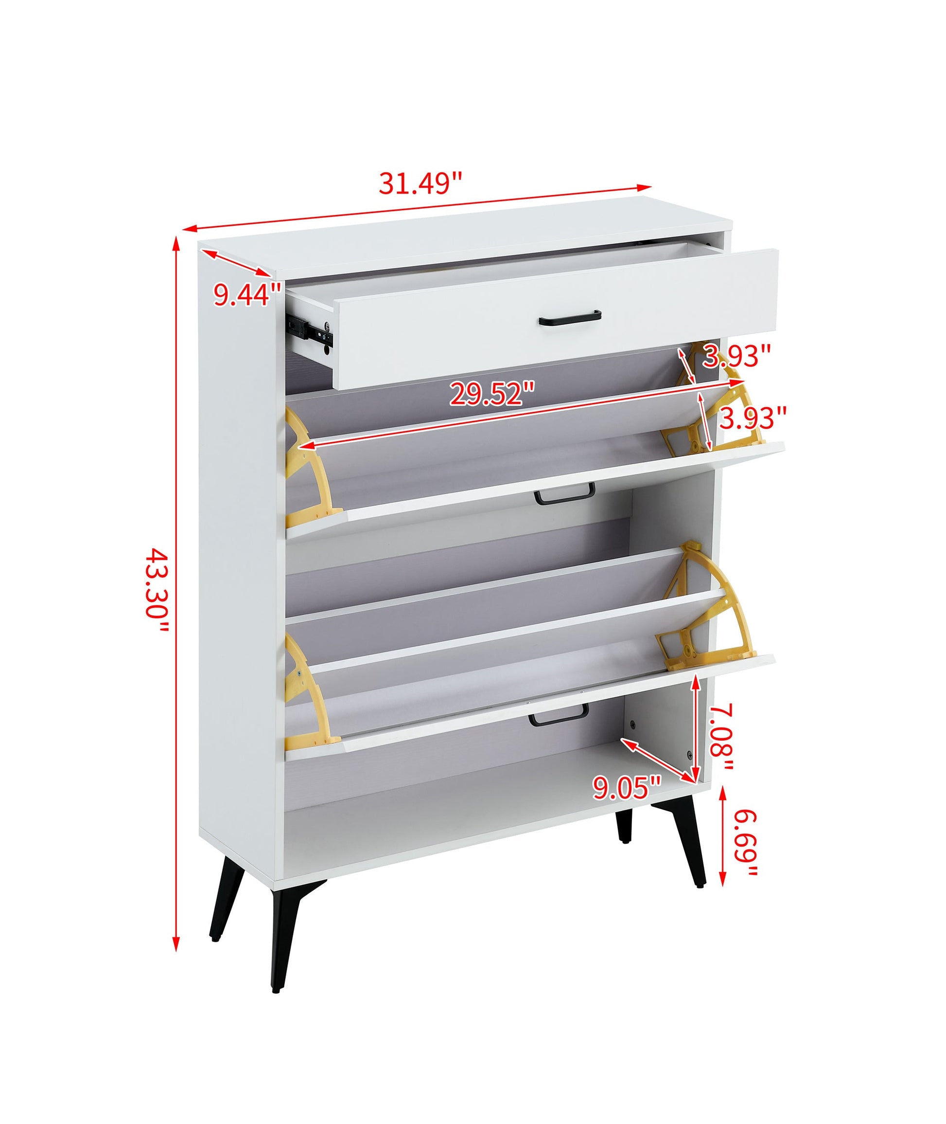 Shoe Cabinet , Shoe storage shelves, metal leg, White - Korvel