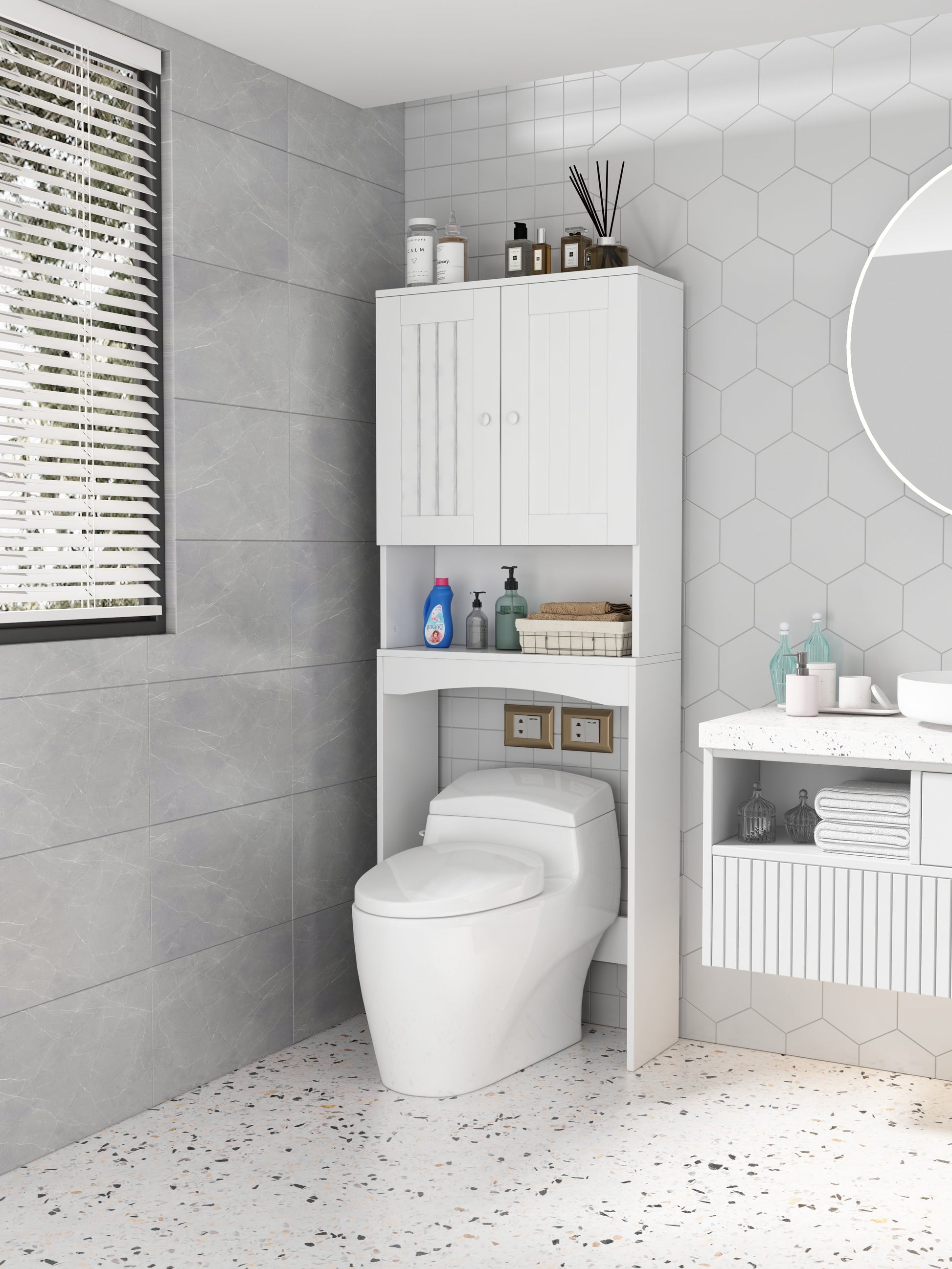 Home Bathroom Shelf Over-The-Toilet, Bathroom SpaceSaver, Bathroom Storage Cabinet Organizer,White - Korvel