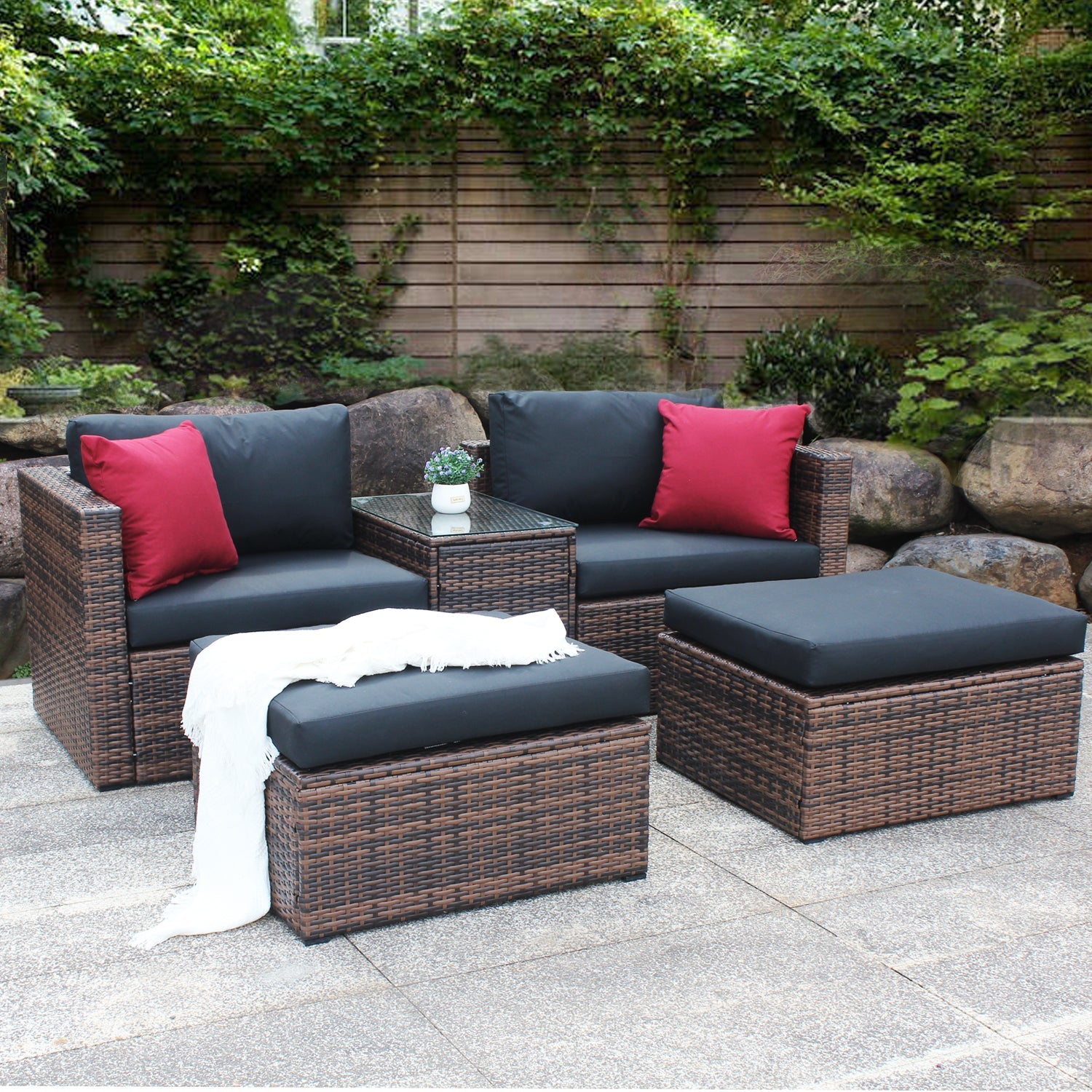 5 Pieces Outdoor Patio Garden Brown Wicker Sectional Conversation Sofa Set - Korvel