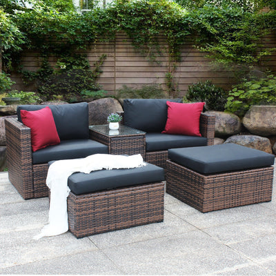 5 Pieces Outdoor Patio Garden Brown Wicker Sectional Conversation Sofa Set - Korvel