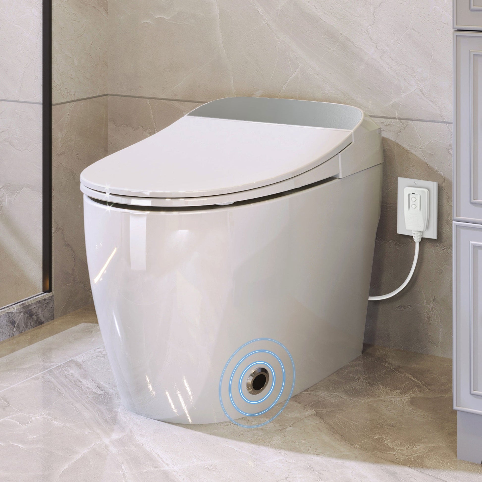 Heated seat intelligent toilet, integrated toilet, automatic flushing water tank toilet, with foot sensor flushing, white night - Korvel