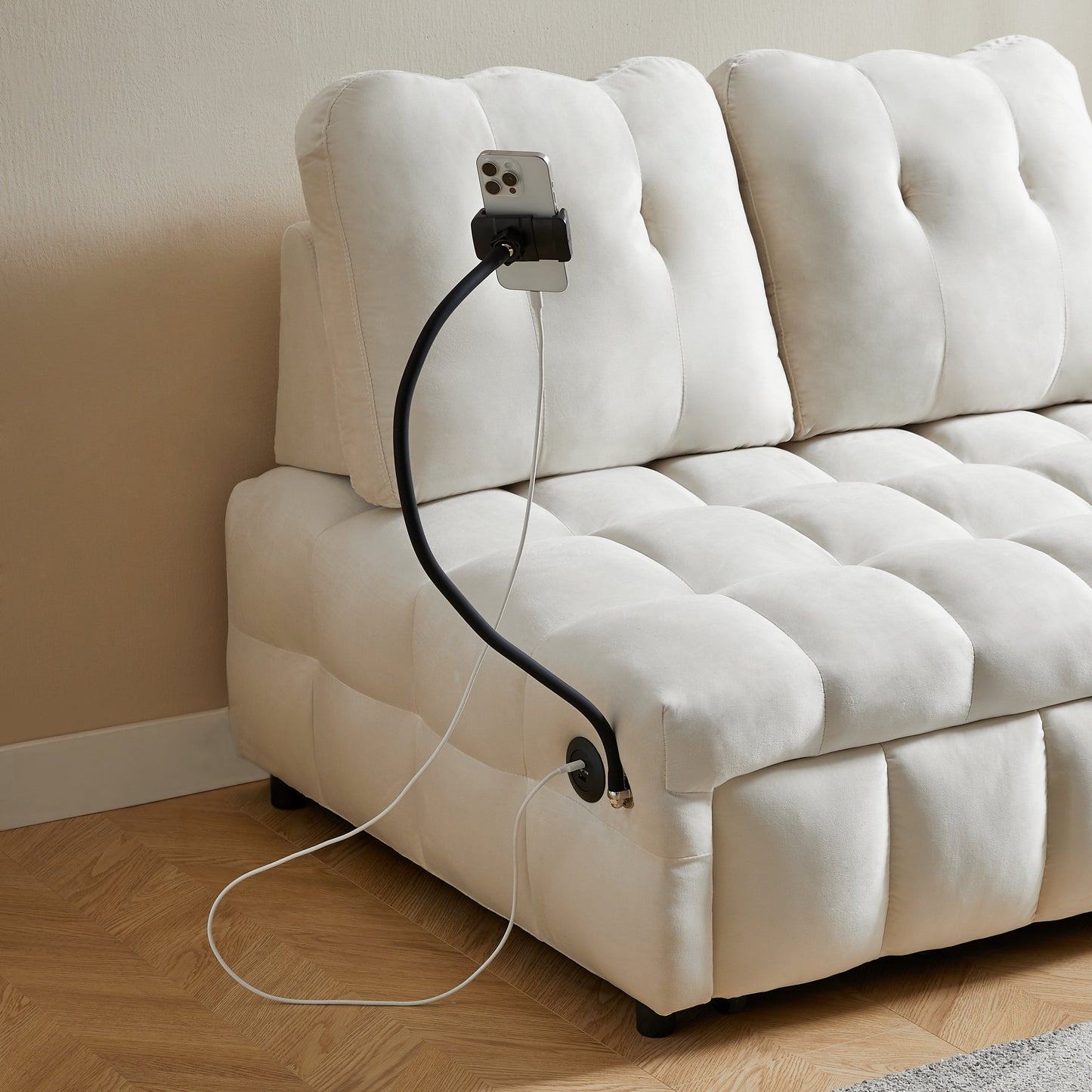 Beige Velvet Modern Sofa with Pull-Out Bed and USB Port