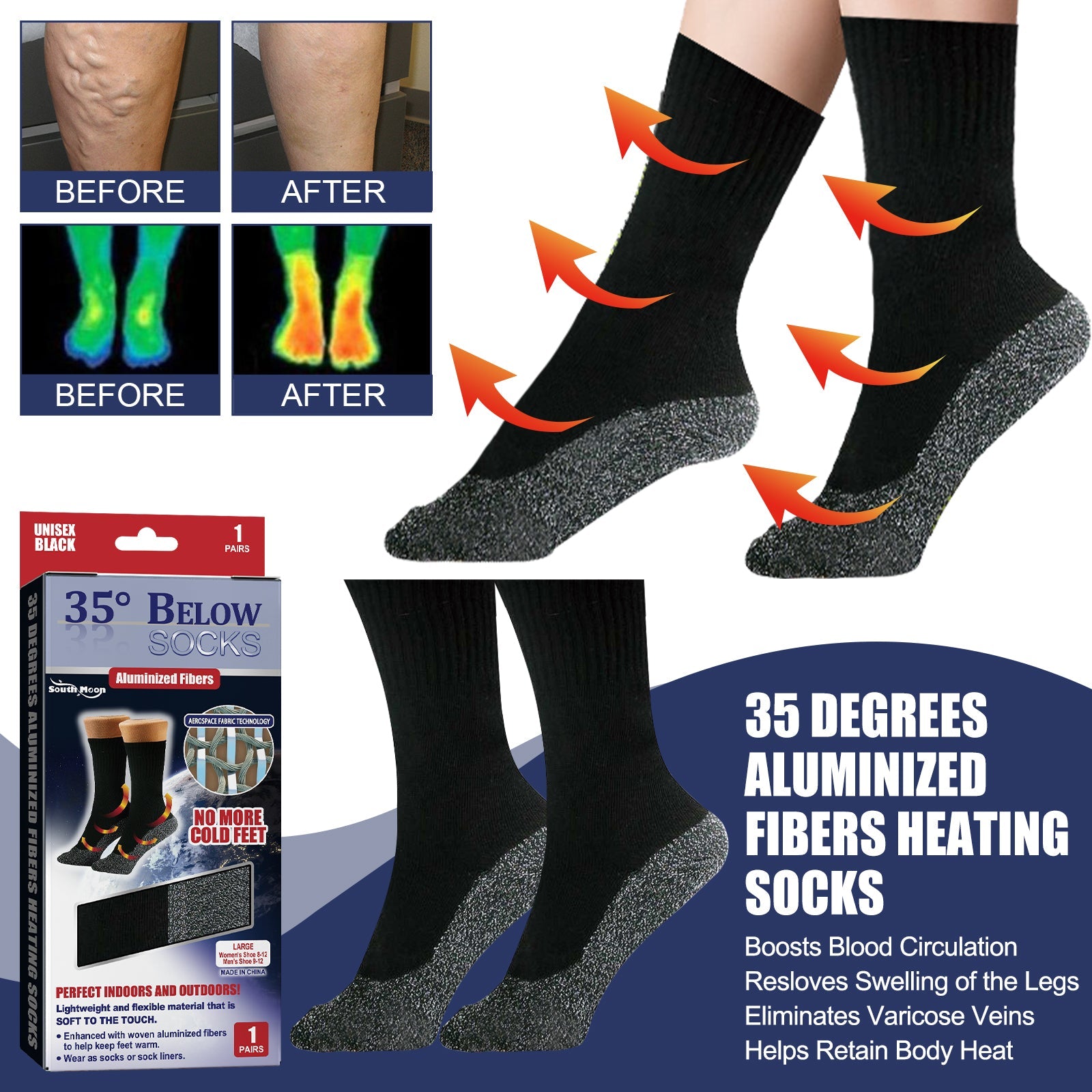 35 Degrees Aluminized Fibers Heating Socks, Relieve Vein Spontaneous Heat Constant Temperature Comfortable Warm Foot Cold Protection Socks - Korvel