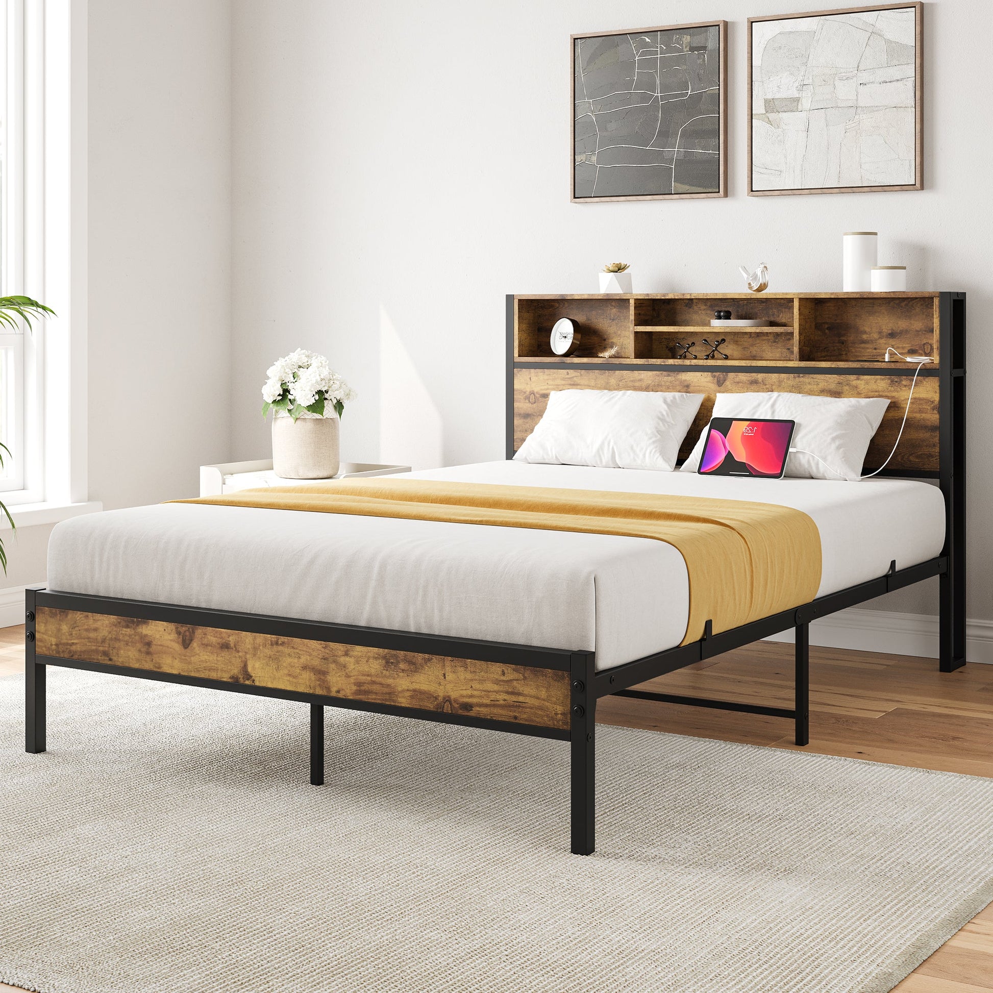 Full Size Bed Frame with Storage Headboard Metal Platform Bed with Charging Station Black - Korvel