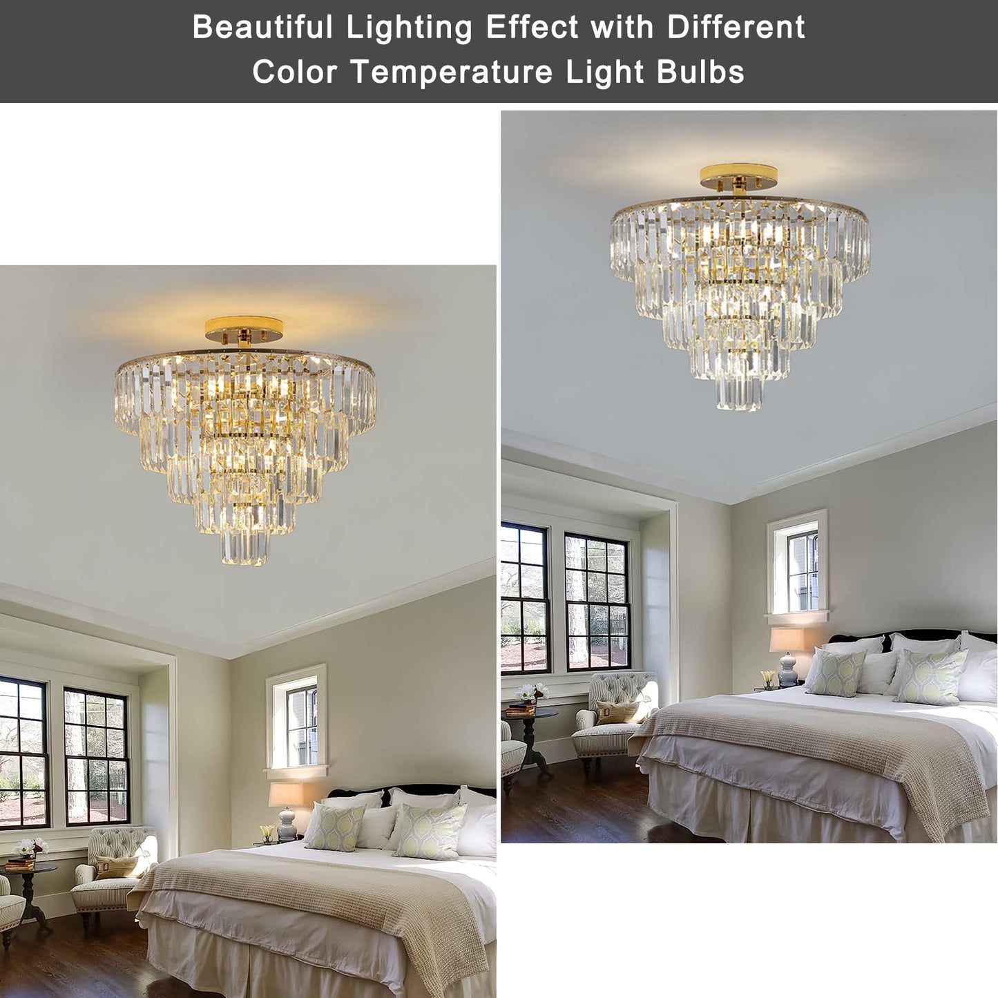 Gold Crystal Chandeliers,5-Tier Round Semi Flush Mount Chandelier Light Fixture,Large Contemporary Luxury Ceiling Lighting - Korvel