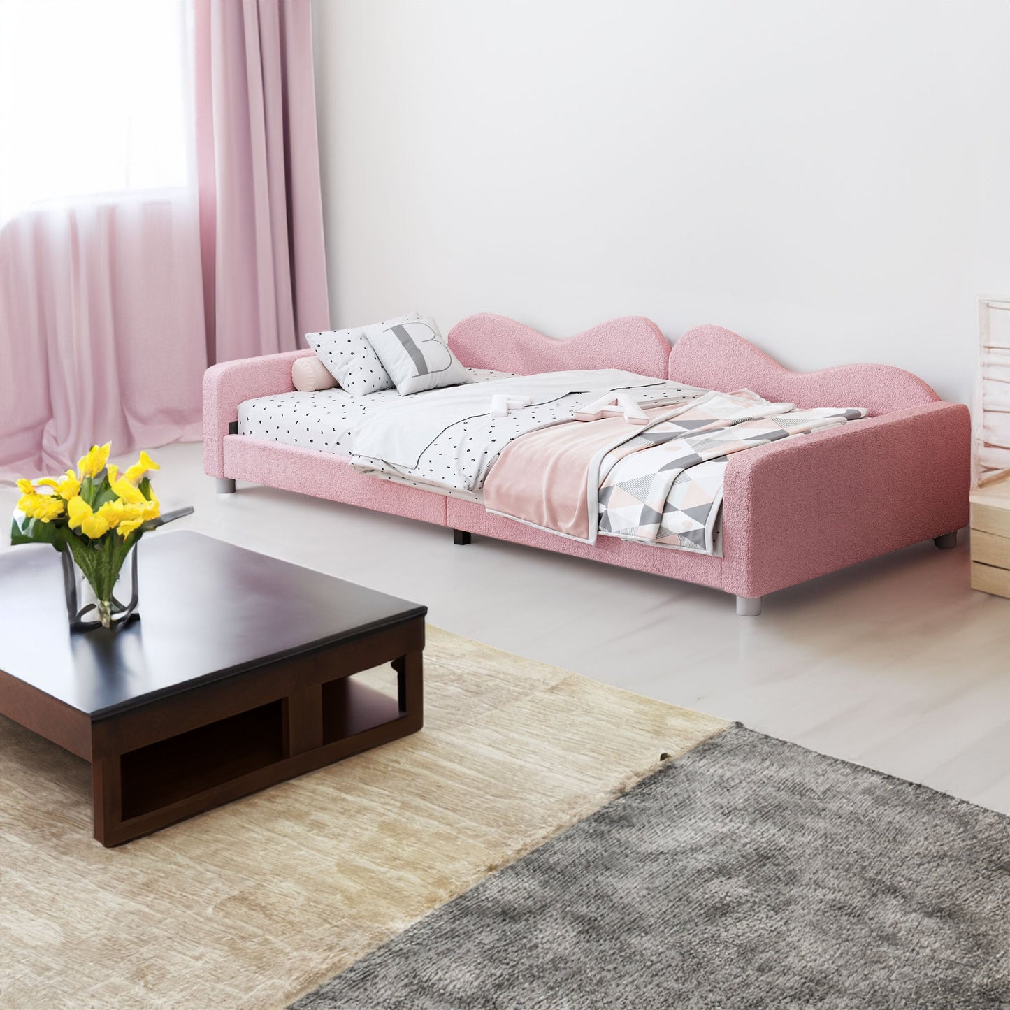 Twin size Upholstered Daybed, Sherpa Fabric Sofabed with Cloud-Shaped Backrest, No Box-spring Needed, Pink - Korvel