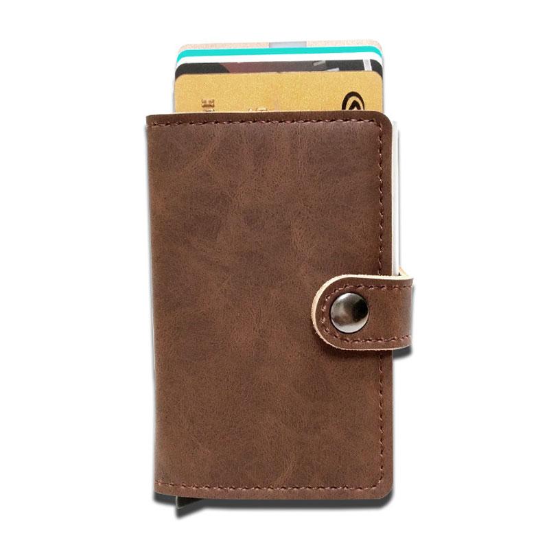 RFID Protected Vintage Automatic Leather Credit Card Holder Men Aluminum Alloy Hasp Business ID Multifunction Cardholder Wallet - Korvel