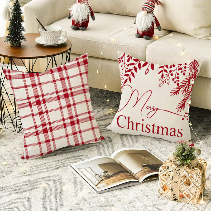 Christmas Snowflake Pillow Cover Linen Checkered Letter Printed Pillow Cover Christmas Theme Cushion Cover - Korvel