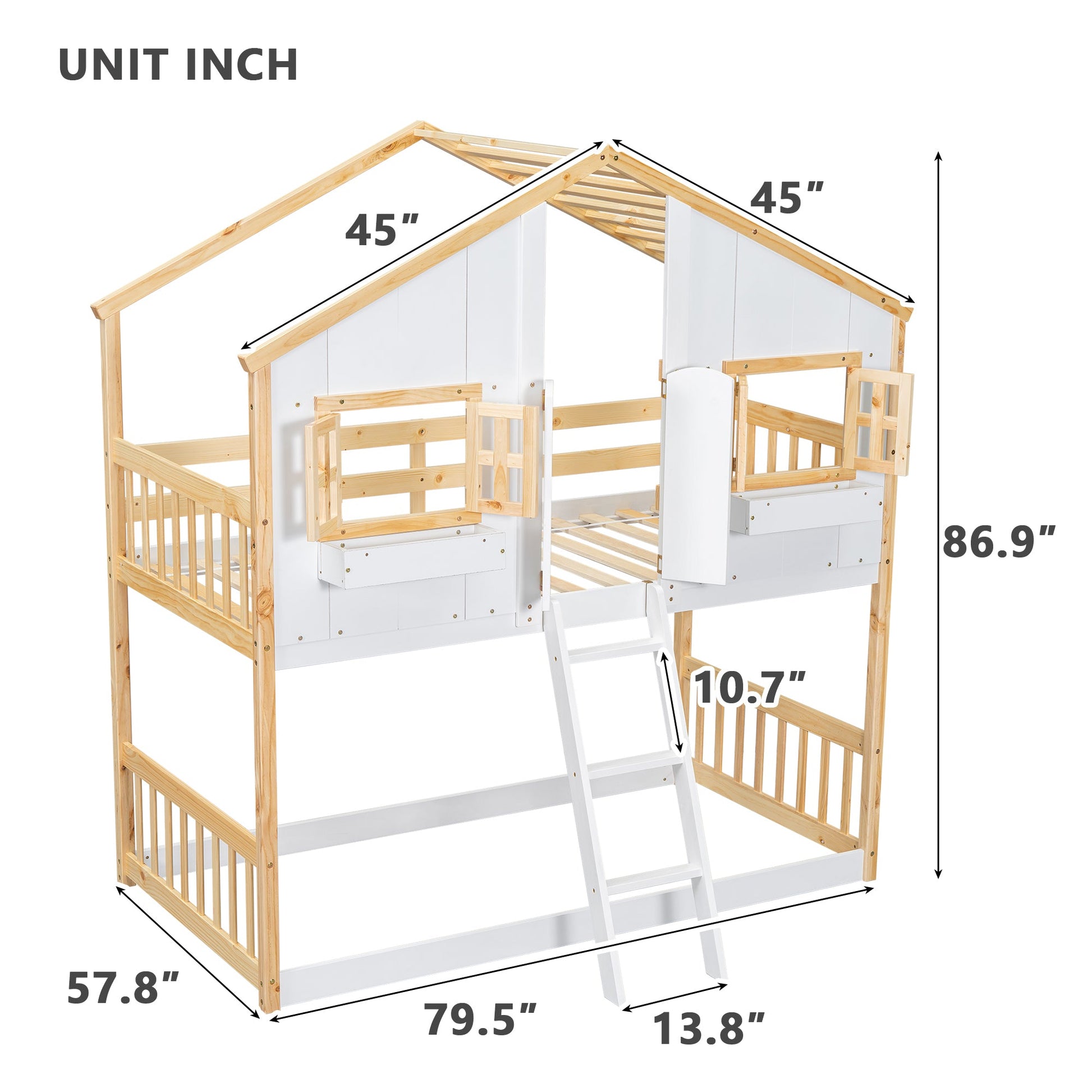 Twin over Twin House Bunk Bed with Roof , Window, Window Box, Door , with Safety Guardrails and Ladder, Natural/White - Korvel