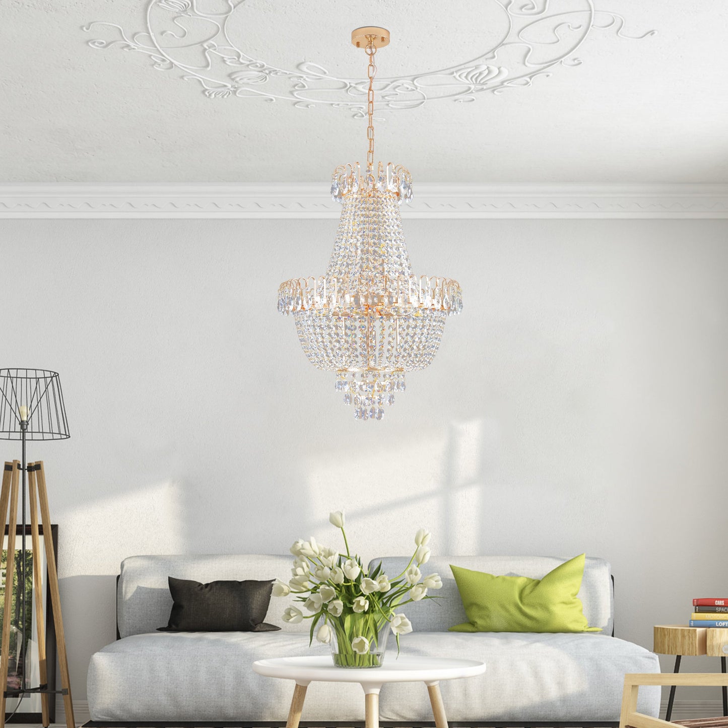 Golden crystal pendant light, large modern luxury ceiling lighting (without light bulbs) - Korvel