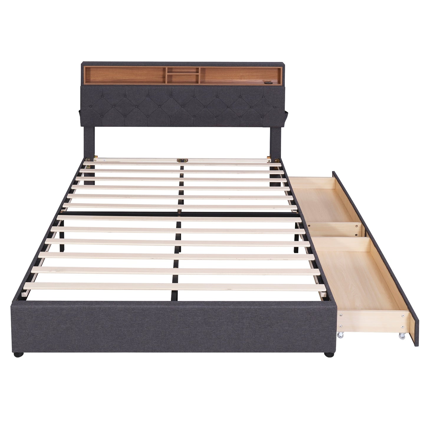 Queen Size Upholstered Platform Bed with Storage & LED, Dark Gray