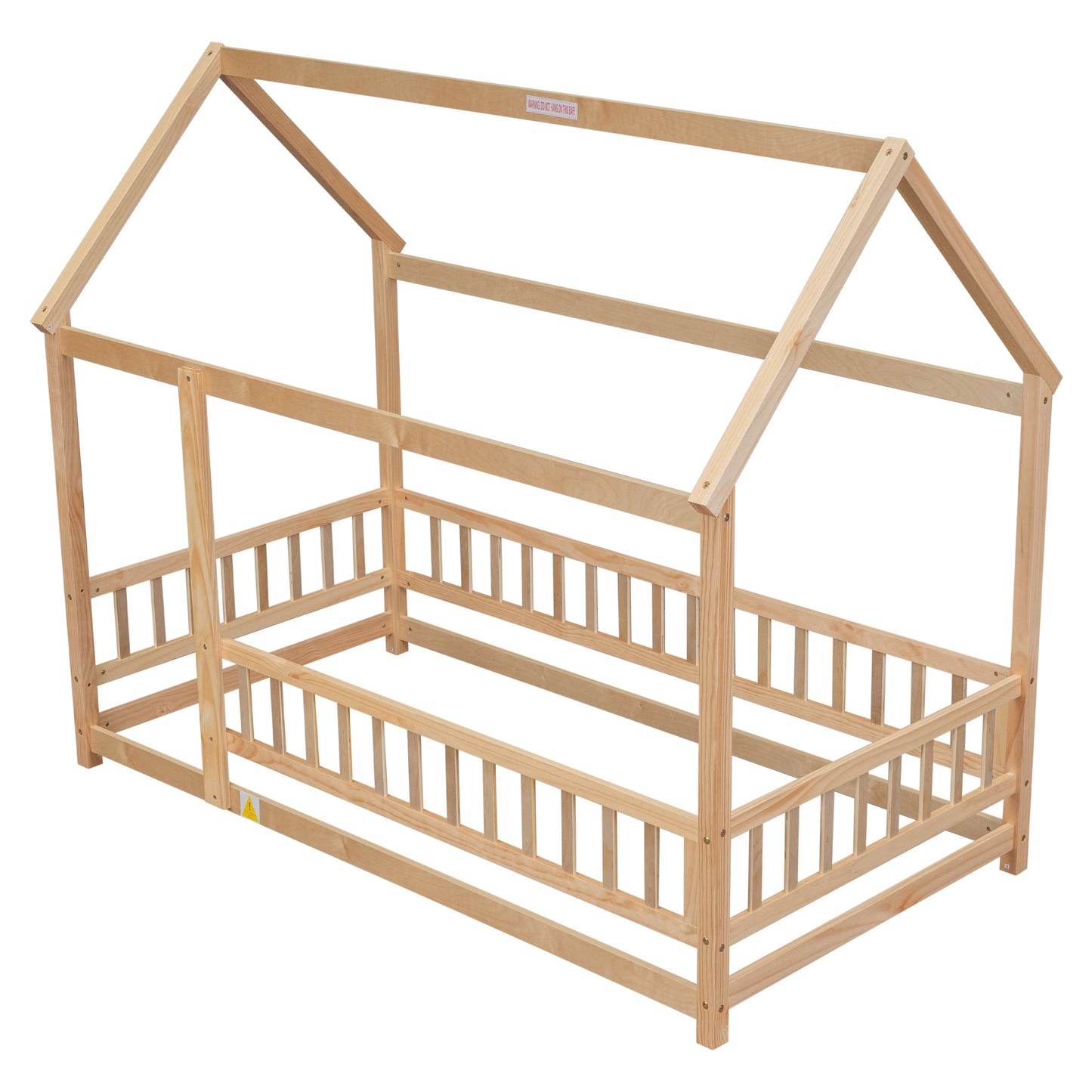 Lit en bois taille twin avec cadre de toit de maison et barrières de sécurité