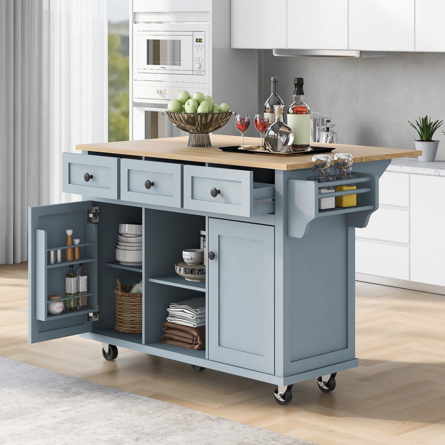 Kitchen handcart with rubber wood leaf countertop, storage cabinet, shelf, and 3 dining room drawers, gray blue - Korvel