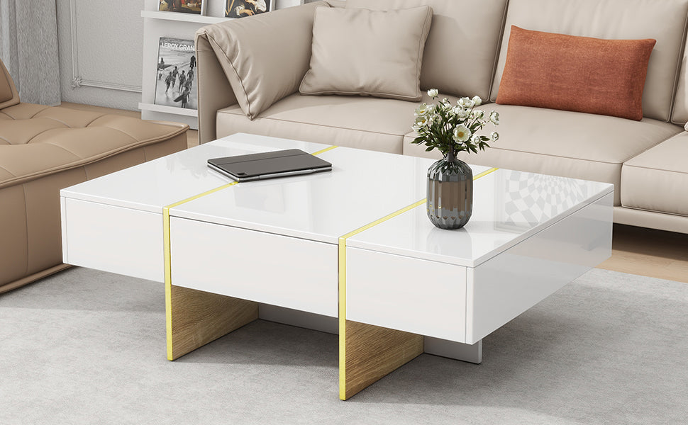 ON-TRANS 47.2 inch x 31.4 inch multifunctional rectangular sofa table with 2 drawers and gold wood grain leg center table, white - Korvel