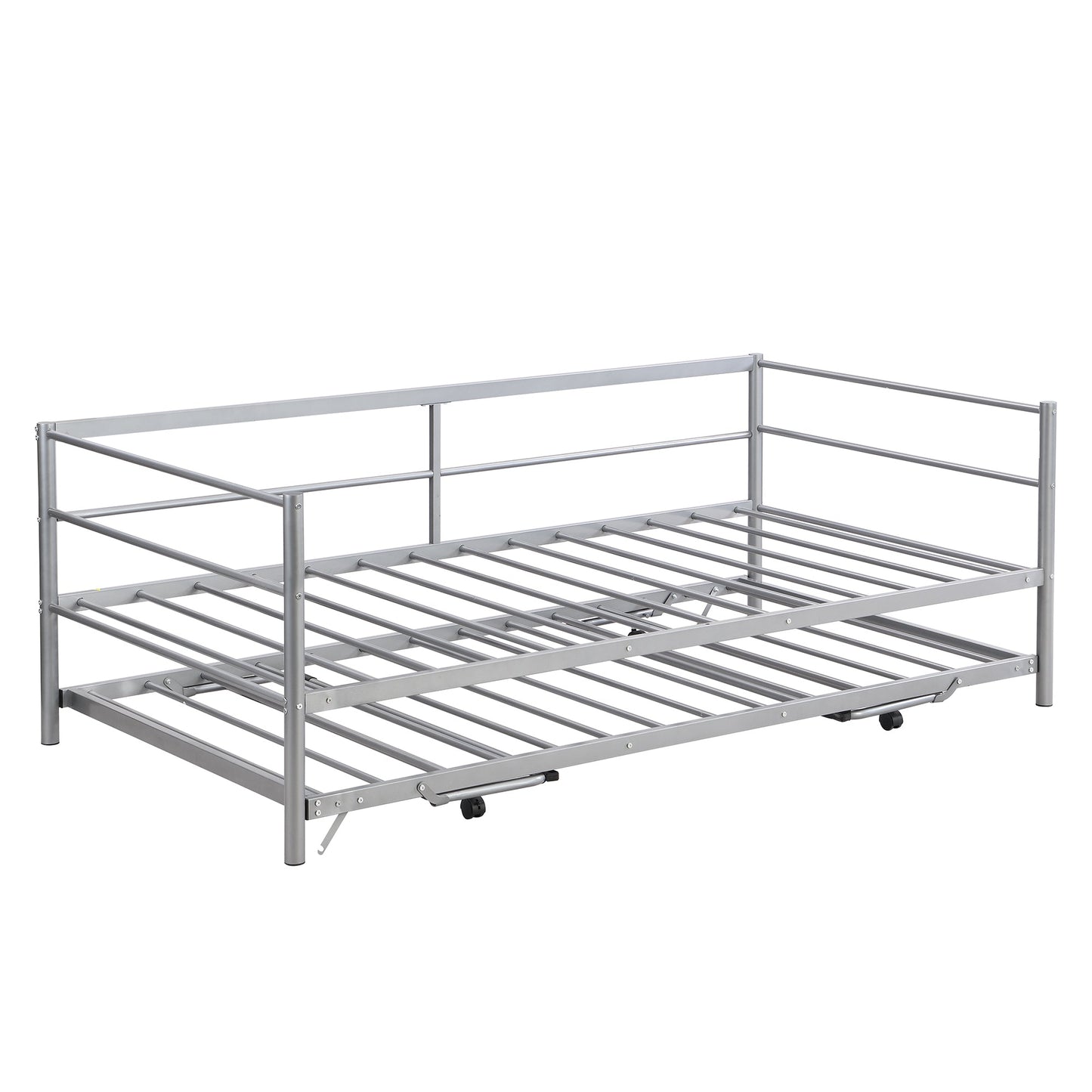 Twin Size Metal Daybed with Adjustable Trundle  Pop Up Trundle  Silver - Korvel