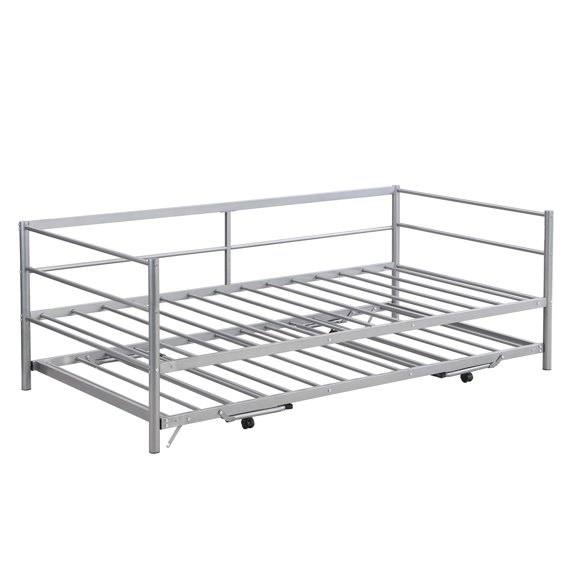 Twin Size Metal Daybed with Adjustable Trundle  Pop Up Trundle  Silver - Korvel
