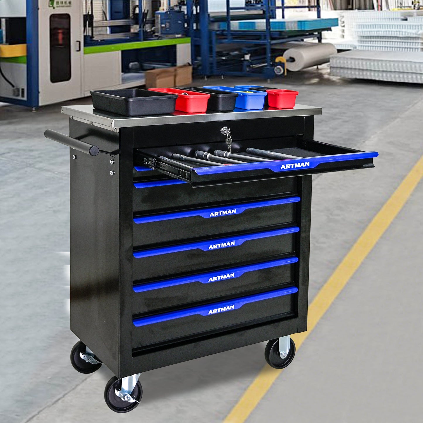 7 DRAWERS MULTIFUNCTIONAL TOOL CART WITH WHEELS-BLACK+BLUE - Korvel
