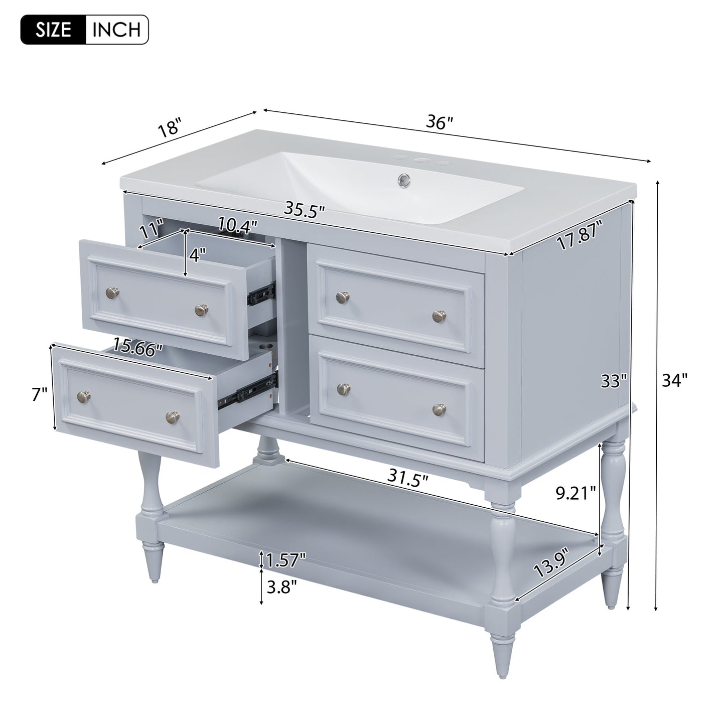 36" Blue Bathroom Vanity Cabinet with Sink Combo