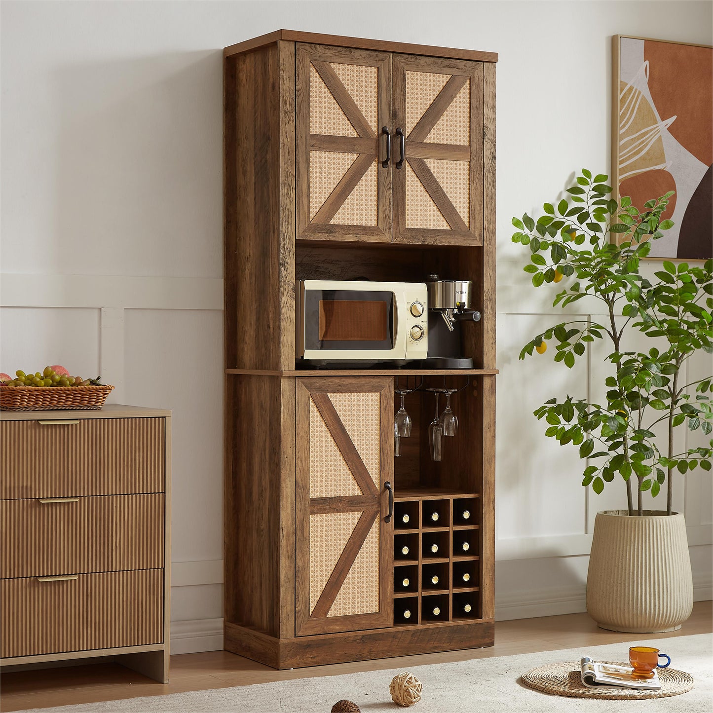 76-Inch Rustic Oak Farmhouse Wine Cabinet with Faux Rattan
