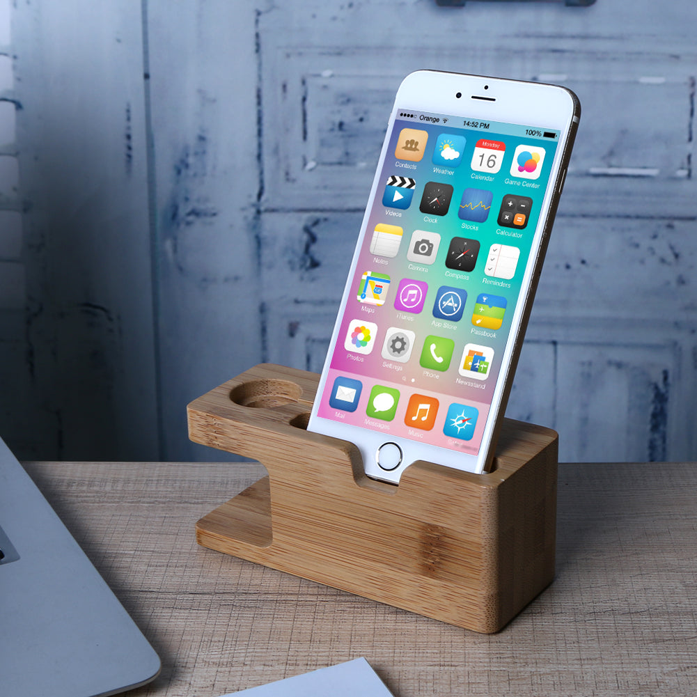 Alloet Wooden Charging Dock Station for Mobile Phone Holder Stand Bamboo Charger Stand Base For Apple Watch and For iphone - Korvel