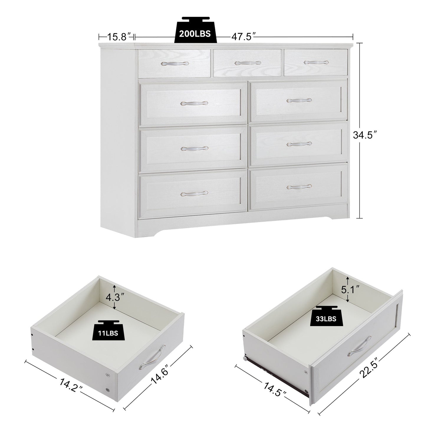 Elegant 9-Drawer Dresser with Antique Handles