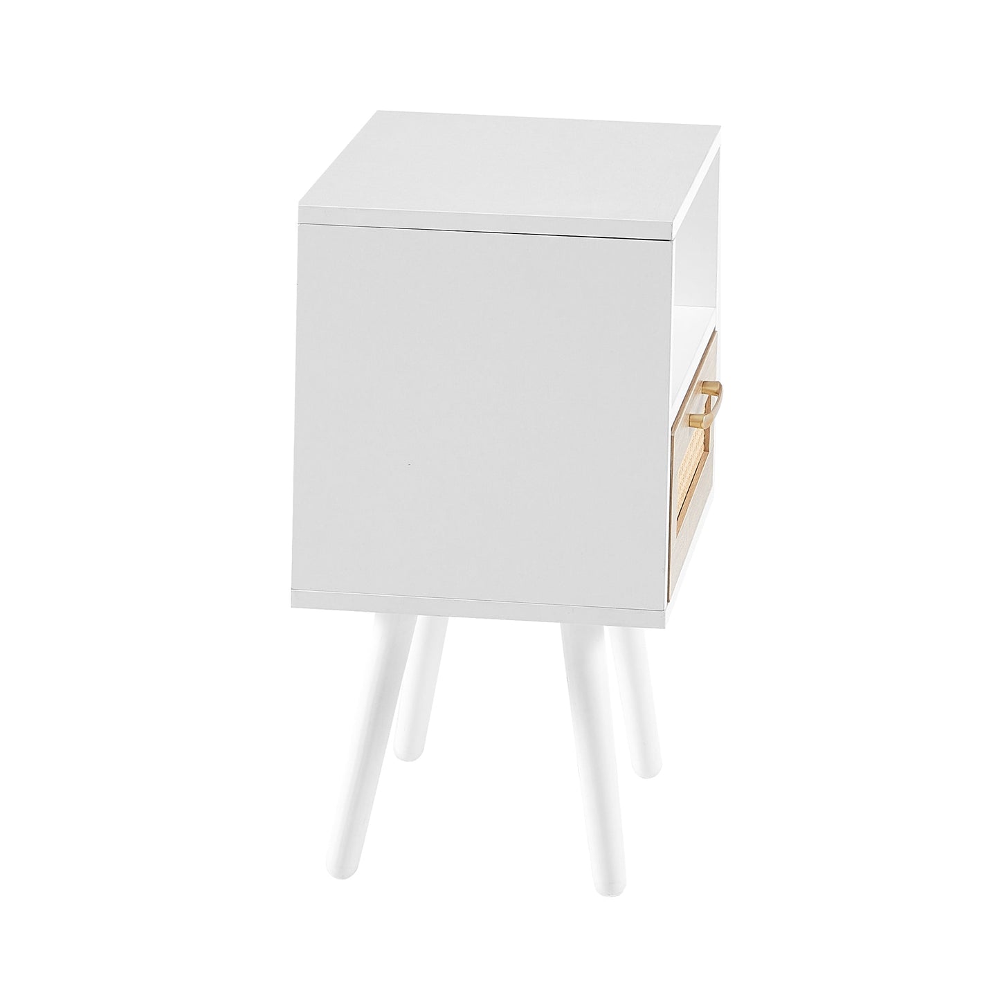 Table d'appoint en rotin blanc de 15,75" avec tiroir et pieds en bois massif