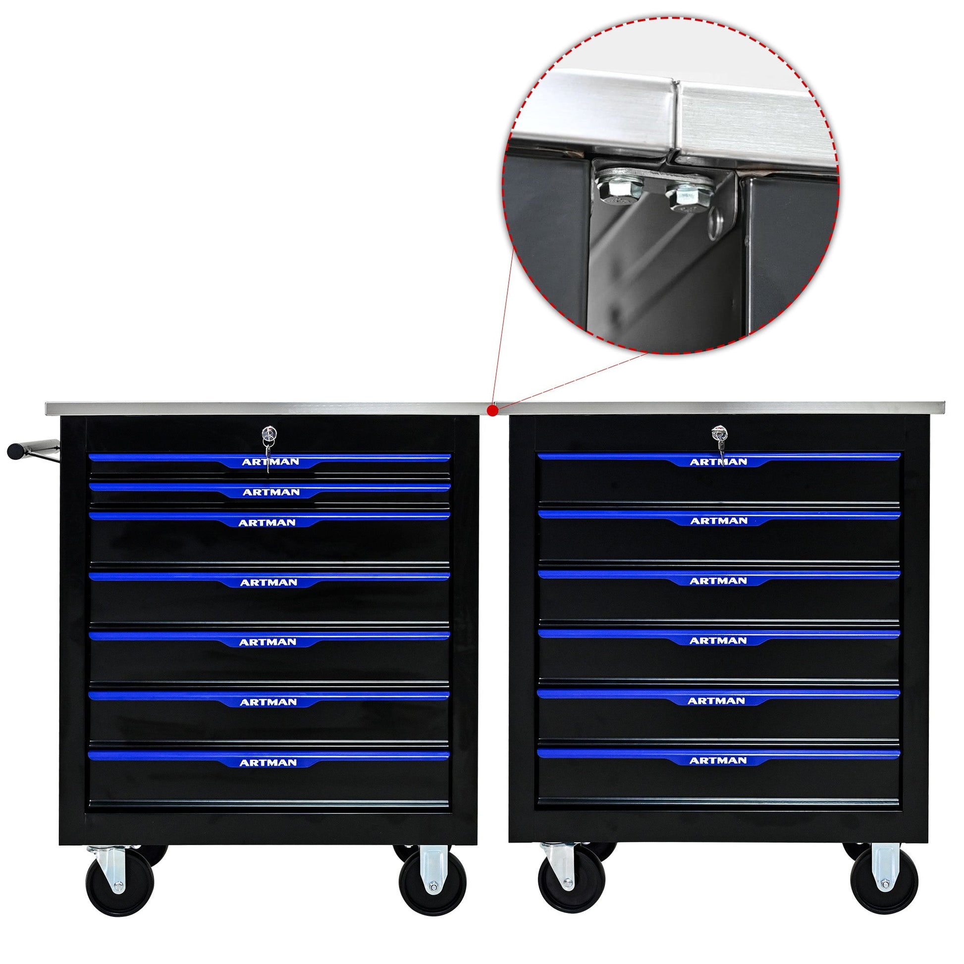 7 DRAWERS MULTIFUNCTIONAL TOOL CART WITH WHEELS-BLACK+BLUE - Korvel