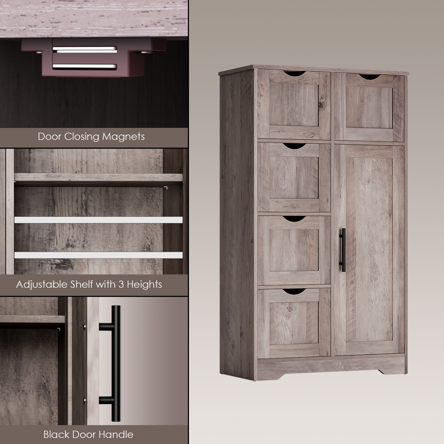 Armario de Almacenamiento de Baño Gris Elegante con 5 Cajones