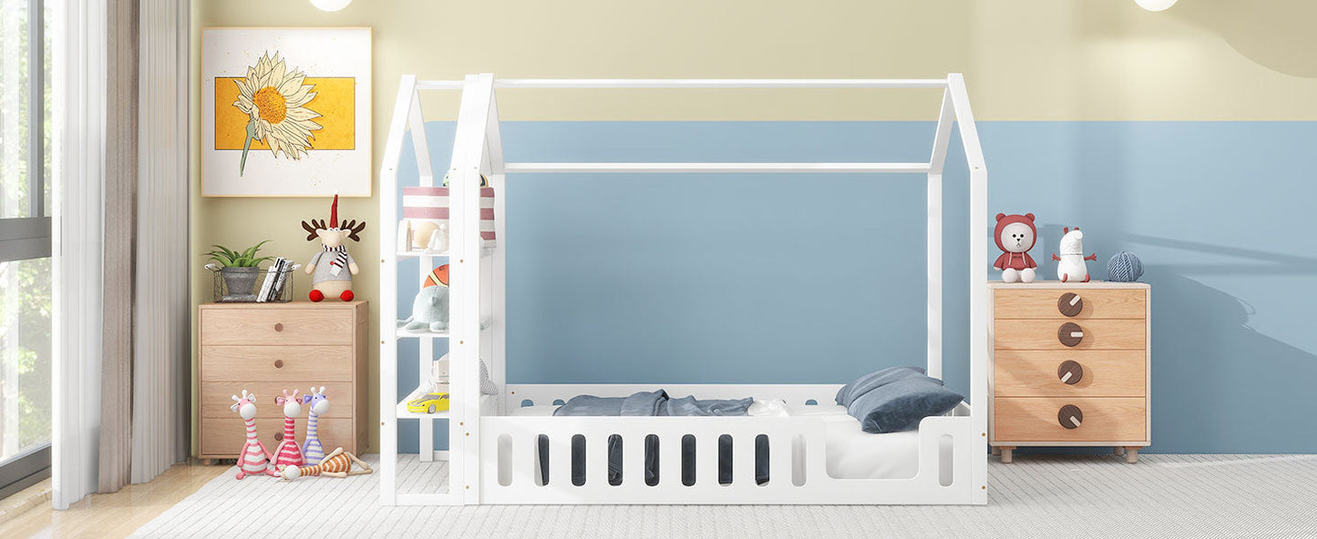 Full Size Wood House Bed with Fence and Detachable Storage Shelves, White - Korvel