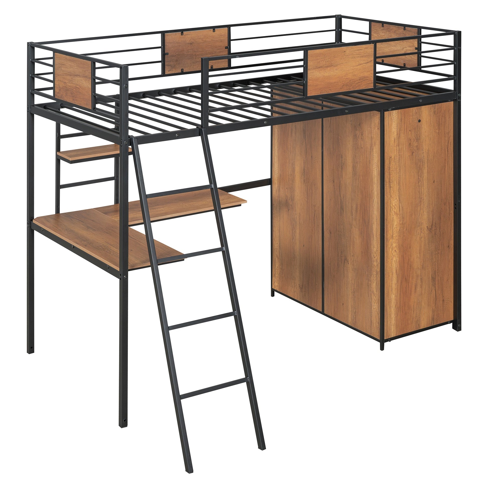 Twin Size Loft bed with L-shape Desk and Wardrobe, Black - Korvel