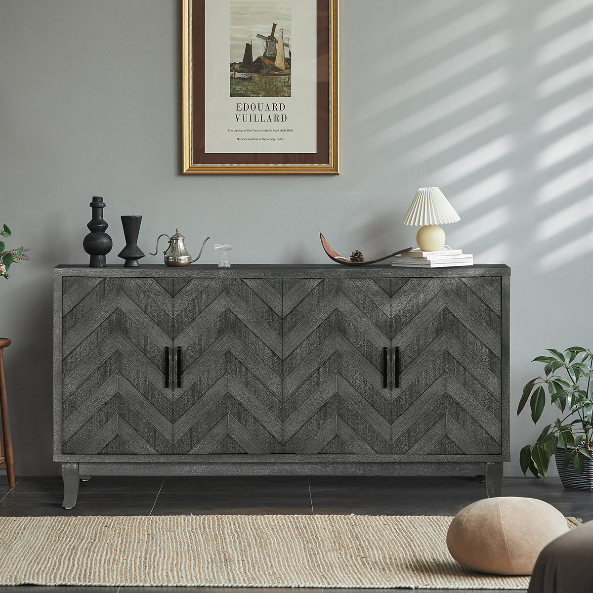 Stronger Vintage Style Buffet Cabinet Lacquered Accent Storage 4 Door Wooden Cabinets Taupe Grey - Korvel