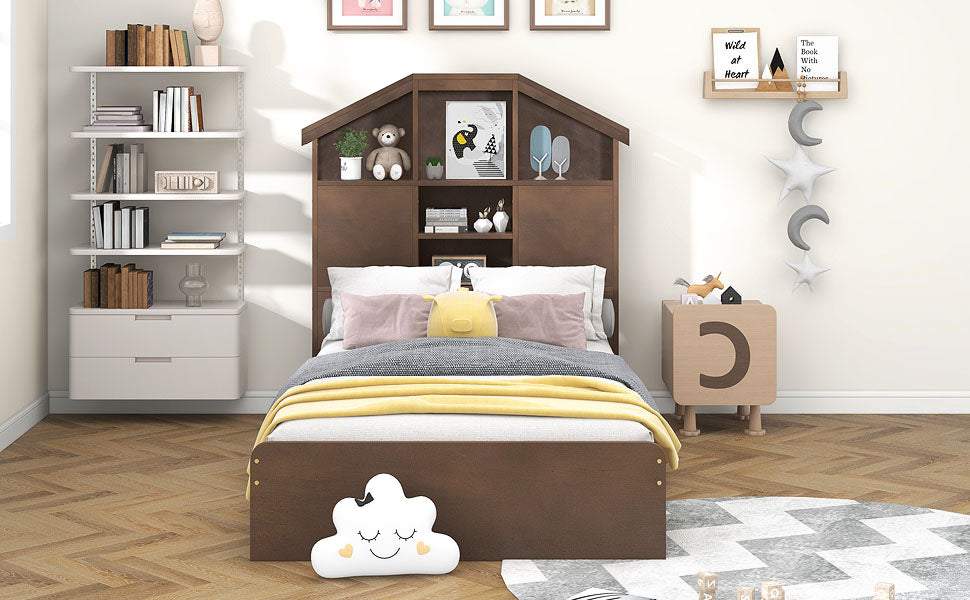 Twin Size Wood Platform Bed with House-shaped Storage Headboard and 2 Drawers Walnut - Korvel